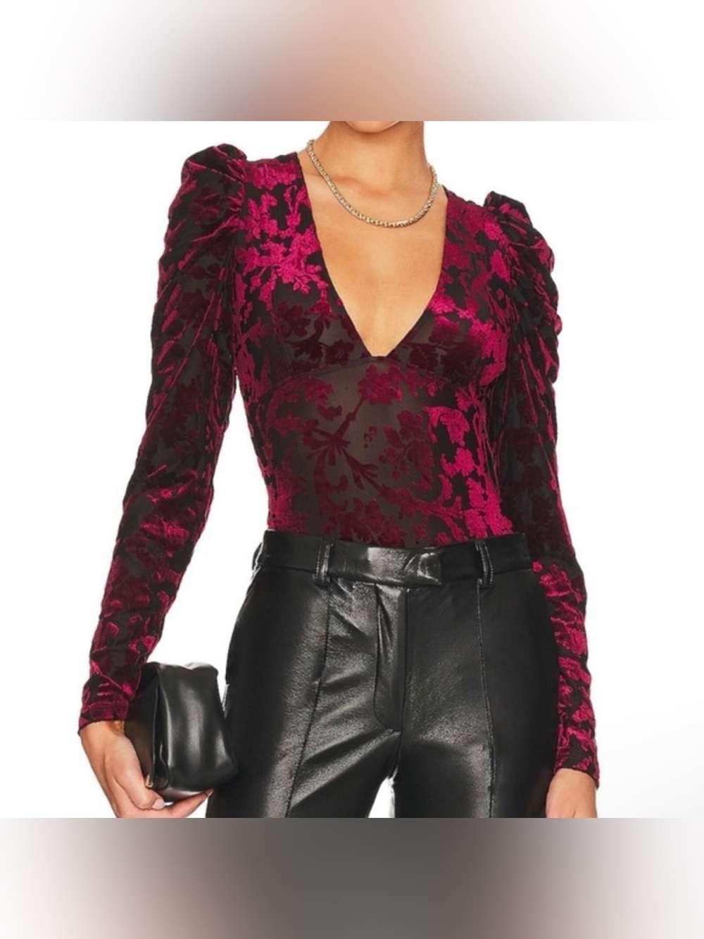 Free People Magic Hour Bodysuit - black mesh with burgundy floral velvet